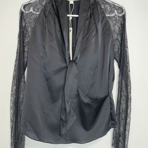 Jonathan Simkhai Satin Tie Neck Chantilly Lace Sleeve Wrap Black Blouse XS - Picture 5 of 12